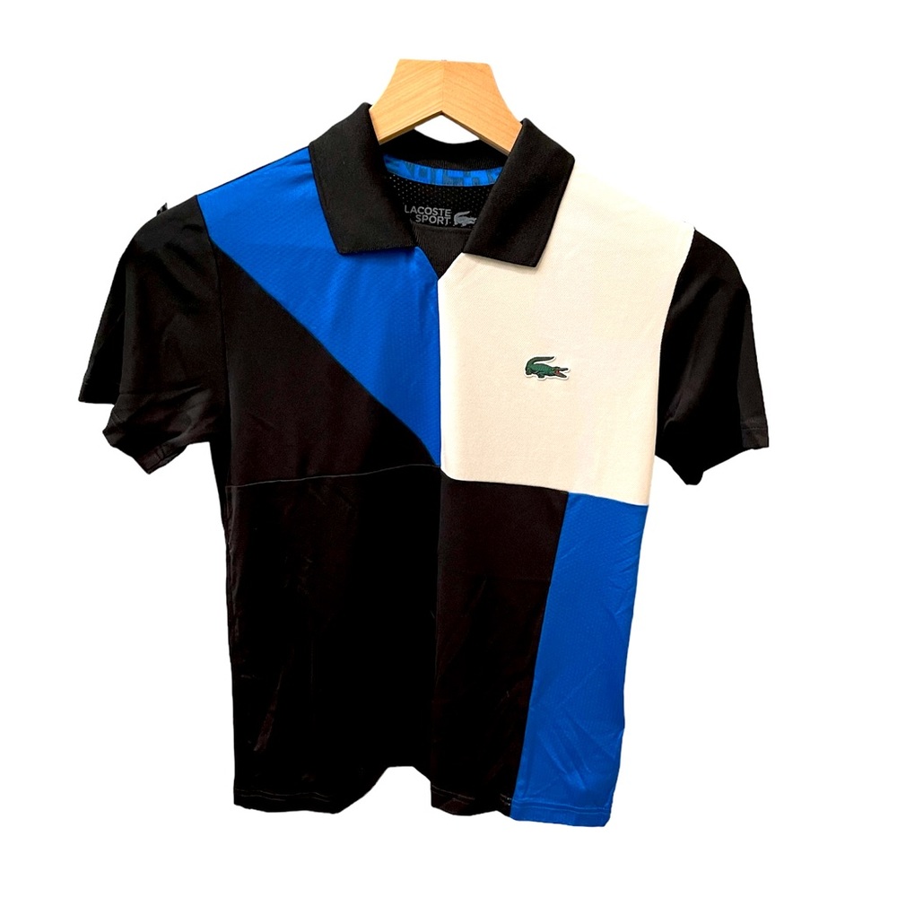 NWT Exclusive Lacoste Boys Tennis Polo. Blue/White/Black Ultra Dry Polyester.
